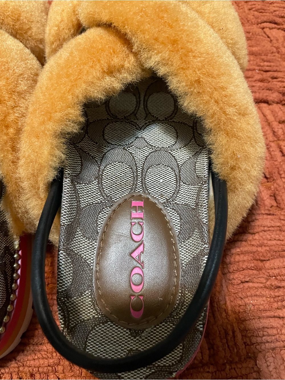 Coach Tally Orange Shearling Cross-Band Slingbacks with Signature Canvas - Picture 7 of 13